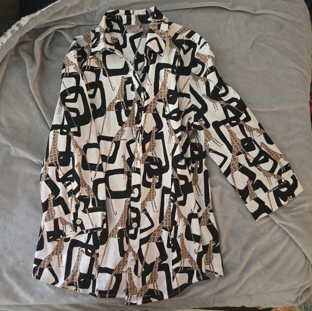 Chico's Abstract Black and White Patterned Blouse With Cheetahs